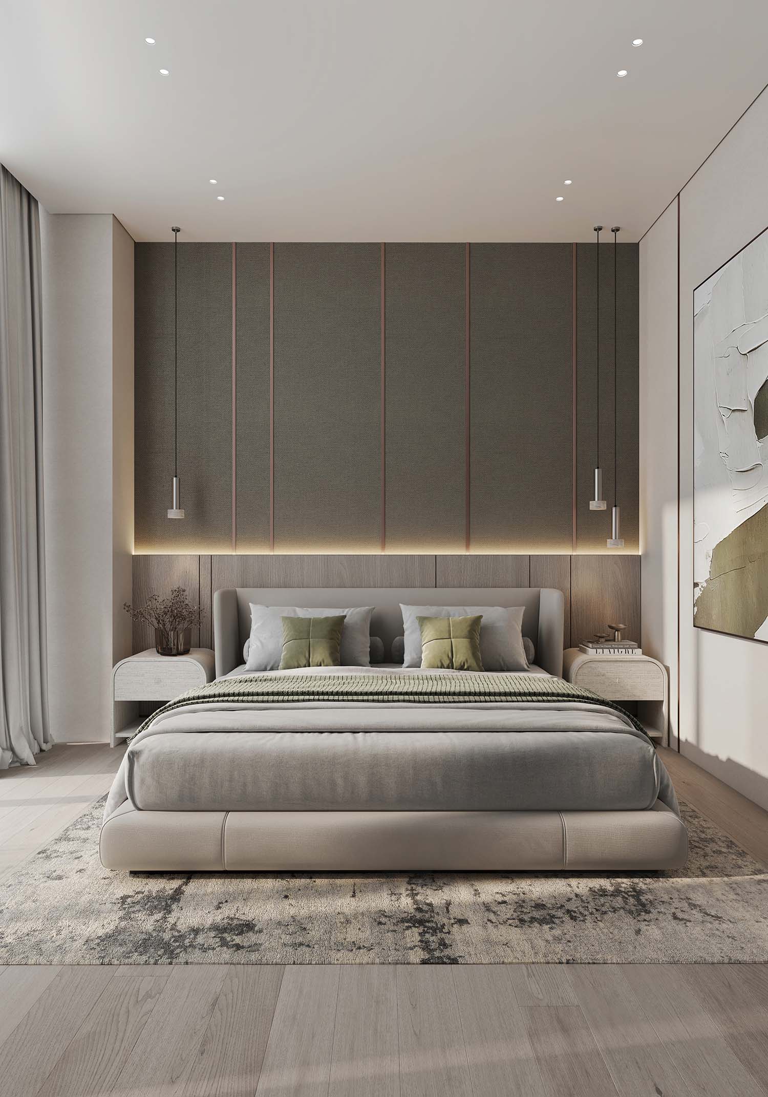Cove By Imtiaz Modern bedroom featuring a stylish bed with pillows, elegant wall decor, and soft lighting.